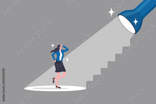 Career guidance or advice to step up career path, business direction or spotlight to success, discover talent or job candidate concept, flashlight staircase light beam to step up for businesswoman.