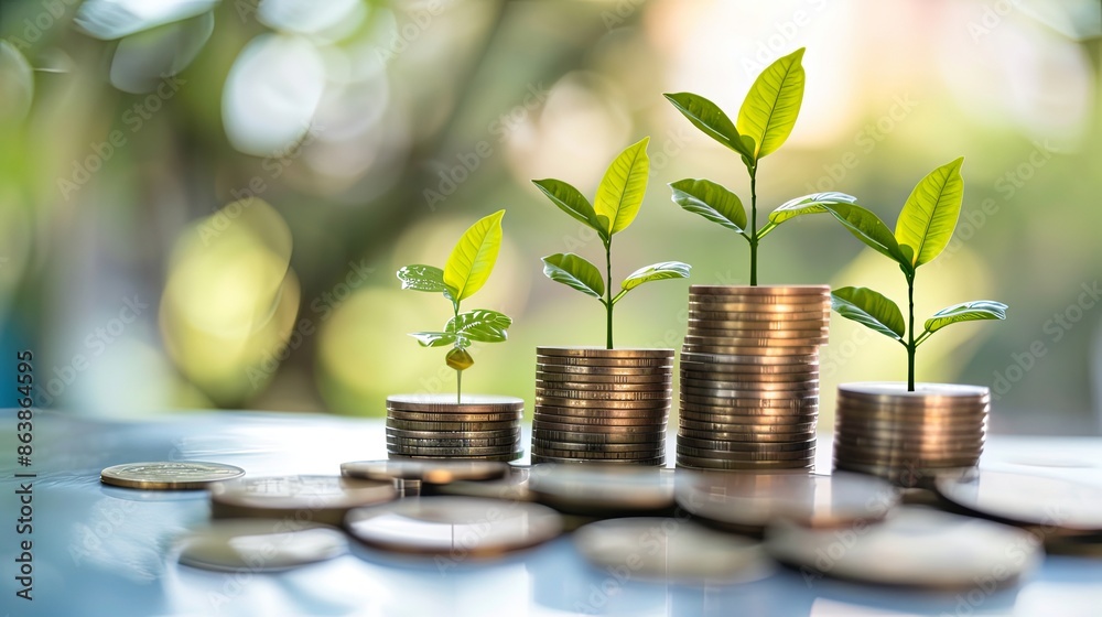 A unique still life photography featuring a stack of coins with plants growing out of them, creating a beautiful contrast of nature and currency A unique still life photography featuring a stack of coins with plants growing out of them, creating a beautiful contrast of nature and currency