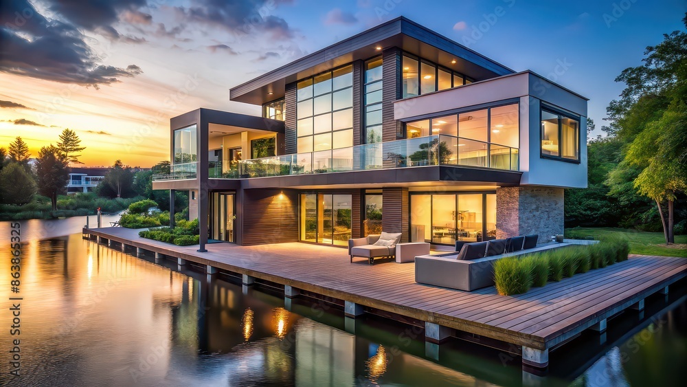 Modern house with a riverfront view during evening twilight, rendering, modern, house, river, evening, twilight Modern house with a riverfront view during evening twilight, rendering, modern, house, river, evening, twilight