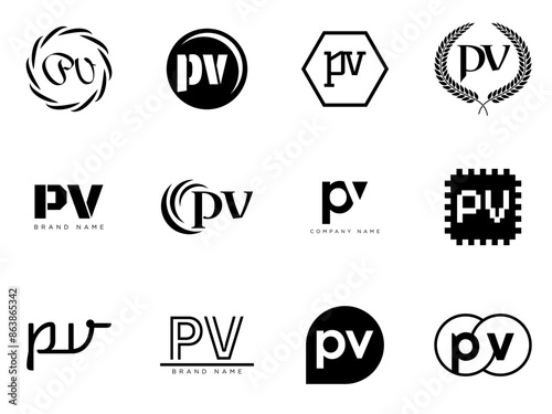 PV logo company template. Letter p and v logotype. Set different classic serif lettering and modern bold text with design elements. Initial font typography.