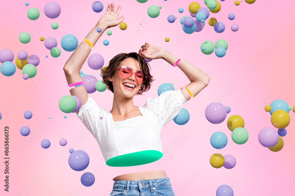 Creative young cheerful girl dance party celebrate event 3d spheres virtual reality simulation glasses positive mood rejoice entertainment Creative young cheerful girl dance party celebrate event 3d spheres virtual reality simulation glasses positive mood rejoice entertainment