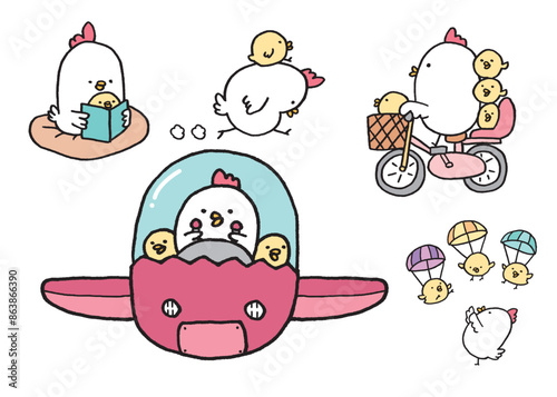 線画の丸っこくてかわいいにわとりの親子