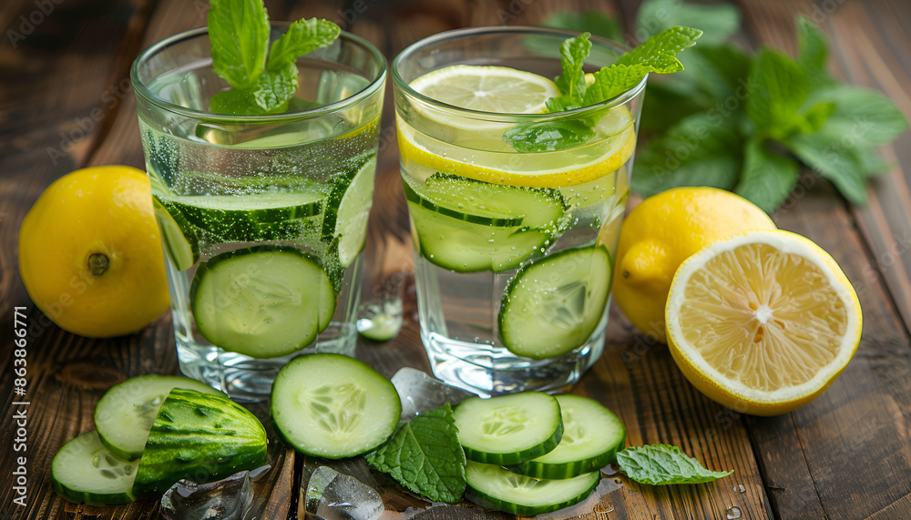 Sassy water or water with cucumber and lemon on wooden table Sassy water or water with cucumber and lemon on wooden table