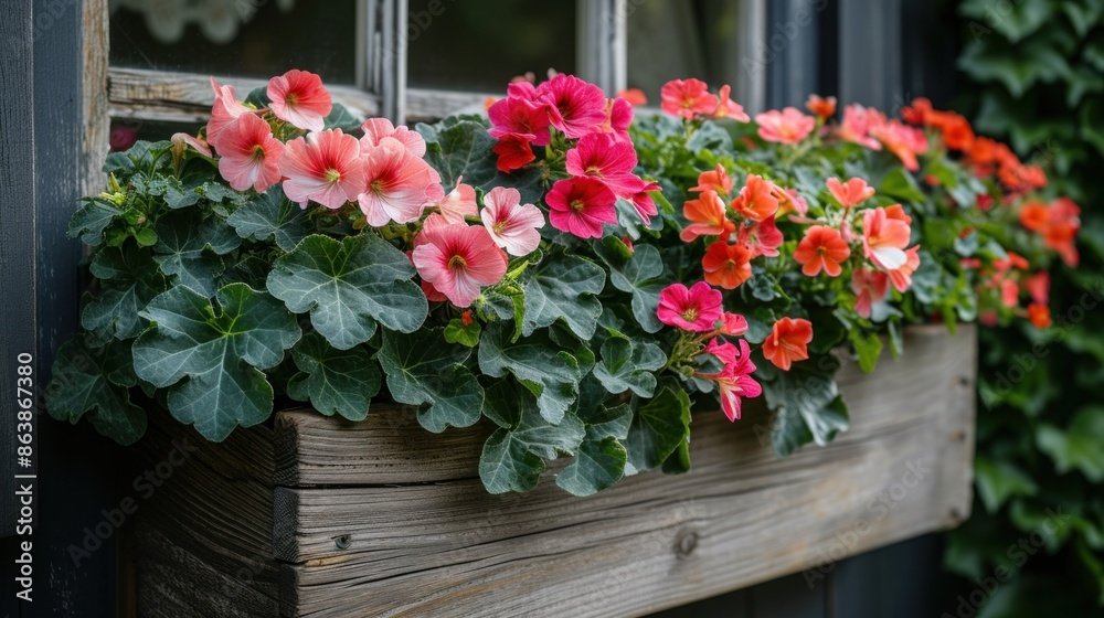 Fototapeta premium Vibrant Pink Petunias in a Window Box on a Sunny Day