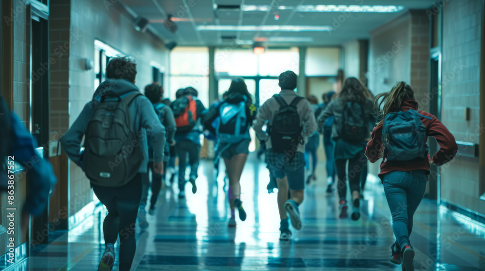 Children are running around the school. Schoolchildren with backpacks run along the school corridor. Back view. Dynamic image. Back to school. Children are running around the school. Schoolchildren with backpacks run along the school corridor. Back view. Dynamic image. Back to school.