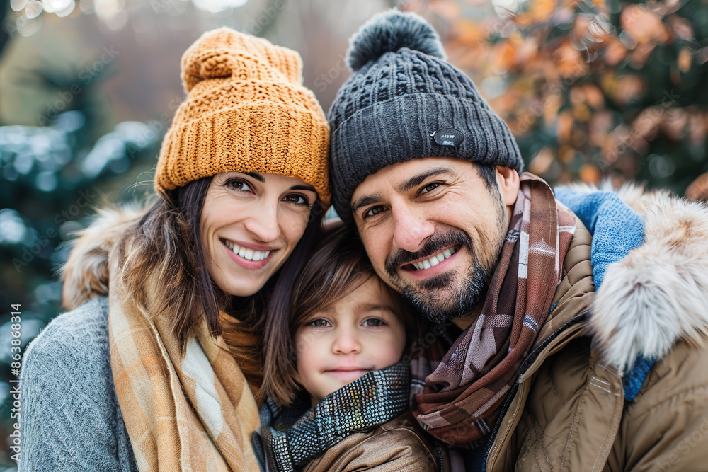 Fototapeta premium Portrait of happy family with kid for Son an Daughter Day. Happy Family Day. Parents' Day