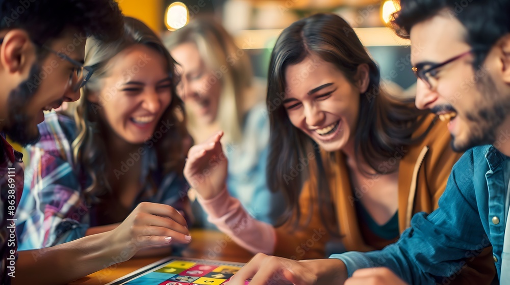 Group of friends laughing and playing board game together. Enjoyable and fun evening with friends. Group of friends laughing and playing board game together. Enjoyable and fun evening with friends.