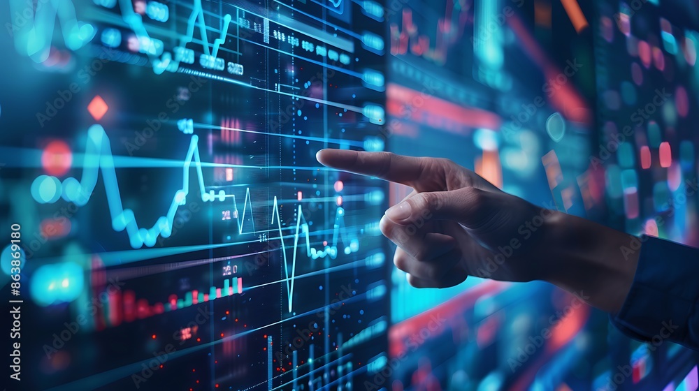 Hand interacting with a digital screen displaying data and graphs, representing financial analysis and technology. Hand interacting with a digital screen displaying data and graphs, representing financial analysis and technology.