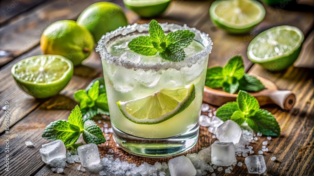 Freshly squeezed lime juice, tequila, and crystal-clear ice blend in a salt-rimmed glass, garnished with a lime wedge and sprig of mint, exuding summer vibes. Freshly squeezed lime juice, tequila, and crystal-clear ice blend in a salt-rimmed glass, garnished with a lime wedge and sprig of mint, exuding summer vibes.