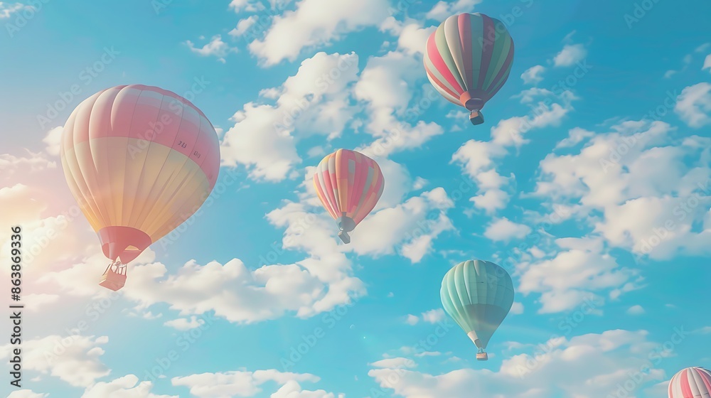 Fototapeta premium Colorful hot air balloons soar through a bright blue sky with fluffy white clouds.