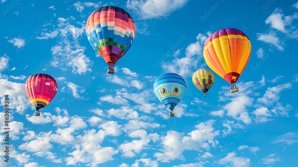 Fototapeta premium Colorful hot air balloons float in a bright blue sky with puffy white clouds.