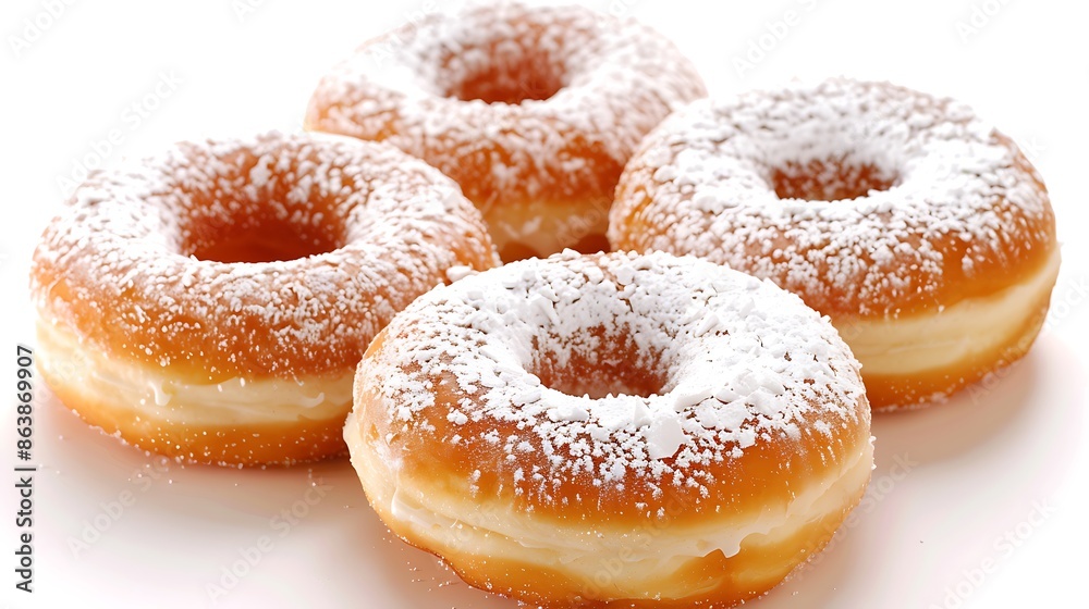 Four powdered sugar donuts on a white background. Four powdered sugar donuts on a white background.