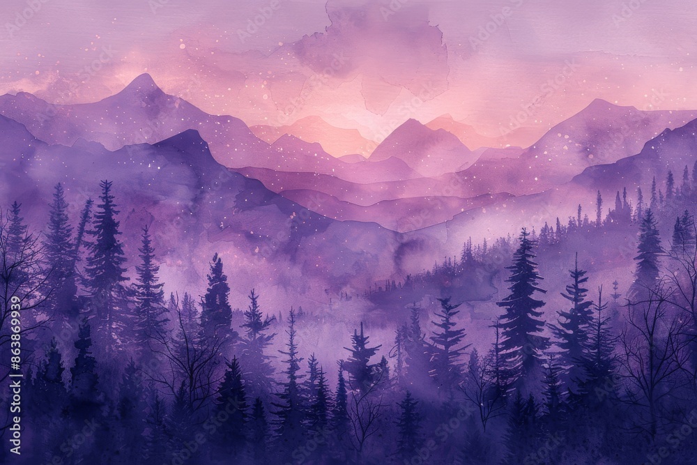 Obraz premium Forest and mountains violet silhouette
