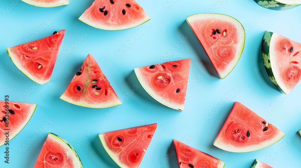 Fresh watermelon slices arranged in a pattern on a blue background. Fresh watermelon slices arranged in a pattern on a blue background.