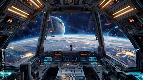 Fototapeta Naklejka Na Ścianę i Meble -  Futuristic spaceship cockpit with a view of a distant planet and stars. The cockpit is filled with advanced technology and controls.