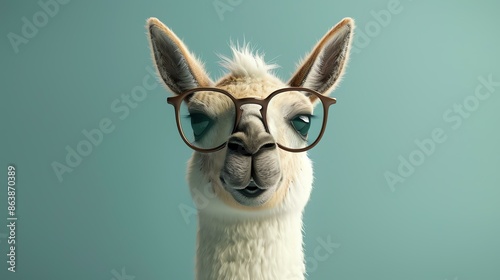 A llama wearing horn-rimmed glasses looks at the camera with a curious expression. The llama is standing in front of a pale blue background.