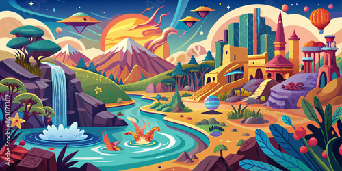 Vivid Fantasy Cityscape: A vibrant, otherworldly scene unfolds, showcasing an imaginative cityscape with towering structures, flowing river and UFOs. A visually rich and immersive illustration.
