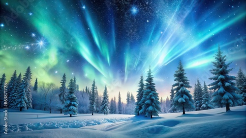 Winter scenery with Northern Lights and falling snowflakes , Snow, winter wonderland, magical, cold, peaceful