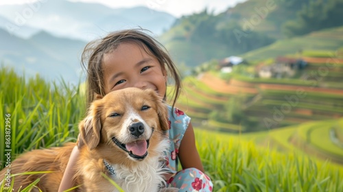 A young tribal girl in the rice terraces in the background. Photograph of a smiling young girl and a dog of the rice terraces background, Tu Lu Yen Bai, Vietnam. photo