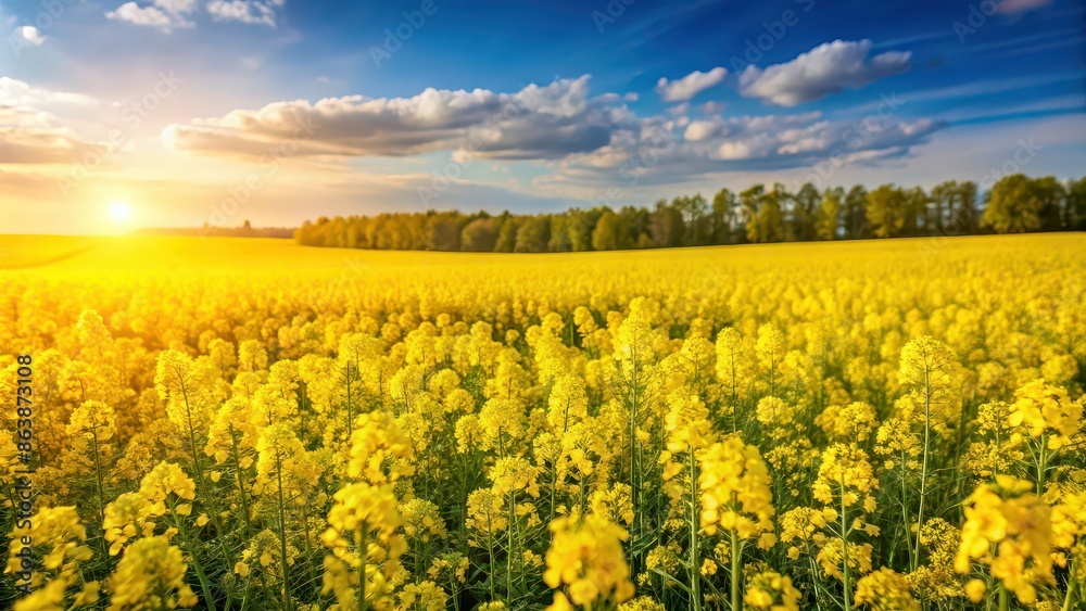 Fototapeta premium Vibrant rapeseed spring flowers blooming in a field , yellow, petals, agriculture, farm, countryside, landscape, flora