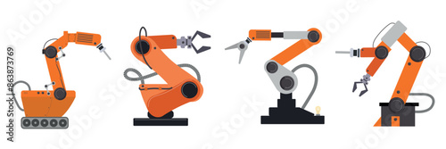Set of robotic devices in cartoon style. Vector illustration of industrial robot manipulators for sorting on a conveyor belt isolated on white background. Execution of various production processes.