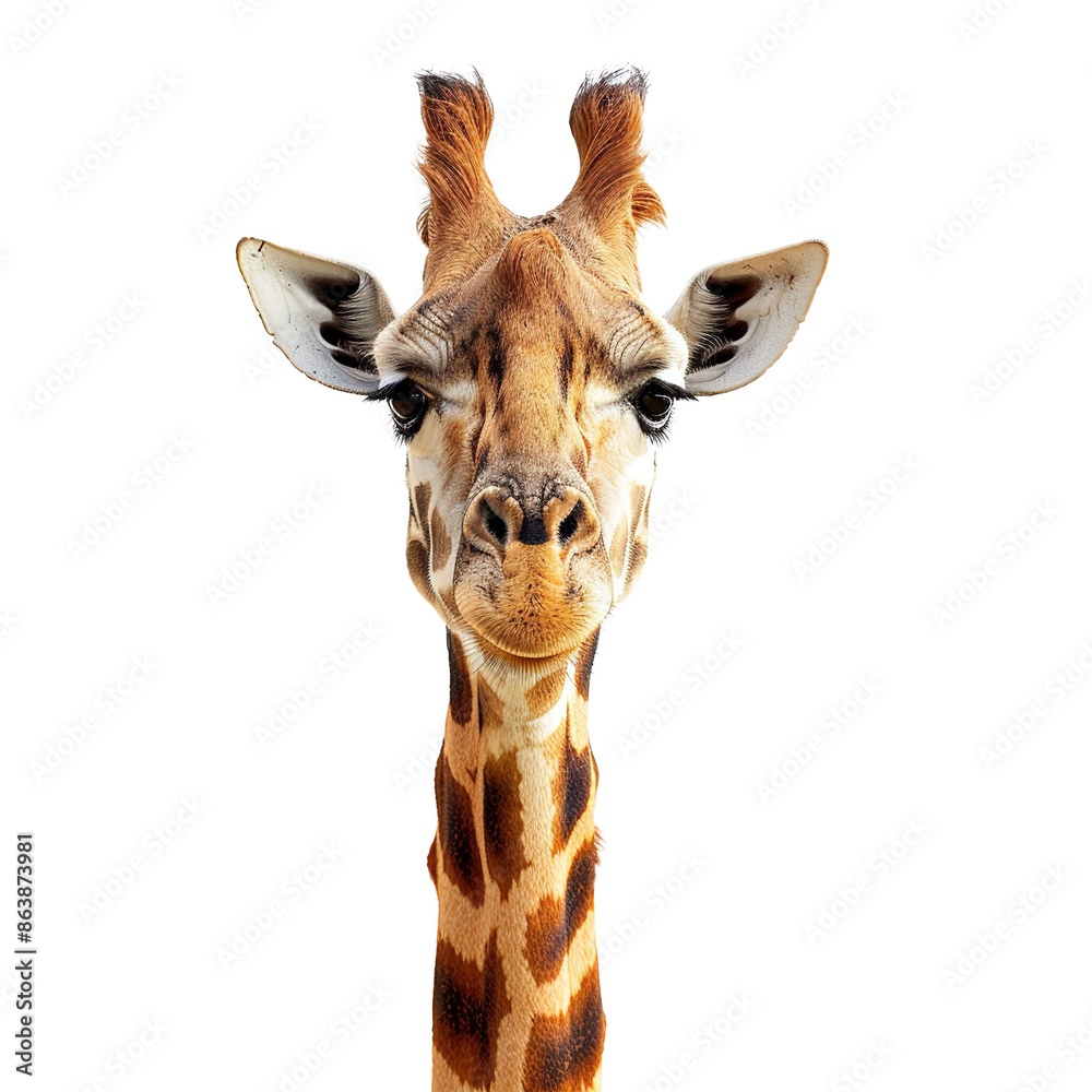 Fototapeta premium A giraffe staring at camera , giraffe half body isolated on white background.