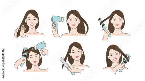 Haircare set. Collection of girl using devices for hair styling such as hairdryer, curling iron, brushing. Beauty and hygiene concept. Vector illustration.