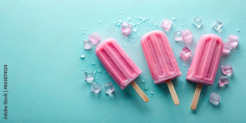 Refreshing pink popsicles on pastel blue background with melting ice cubes, summer, frozen treats, dessert, refreshment Refreshing pink popsicles on pastel blue background with melting ice cubes, summer, frozen treats, dessert, refreshment