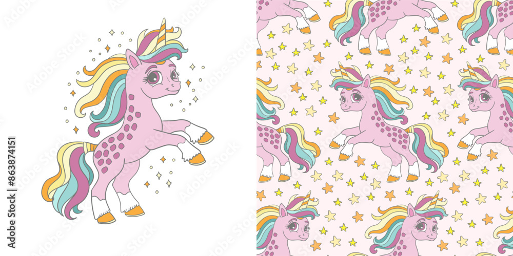 Unicorn with sparks illustration and seamless pattern vector Unicorn with sparks illustration and seamless pattern vector