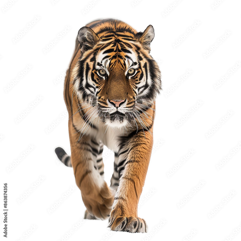 Royal tiger isolated on white background. The tiger is staring at its prey. 
