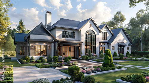 Fairly spacious brick mansion in style house exterior with green lawn,cape cod style house with a side gable roof and an attached garage,Custom built luxury house with nicely trimmed and landscaped 
