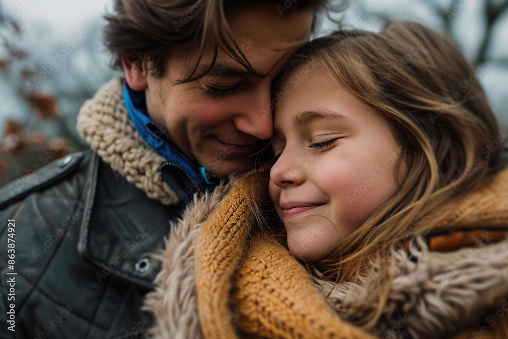 Loving father and daughter outside in cold weather with warm relationship. Happy Father's day. Son and Daughter Day. Happy family day Loving father and daughter outside in cold weather with warm relationship. Happy Father's day. Son and Daughter Day. Happy family day