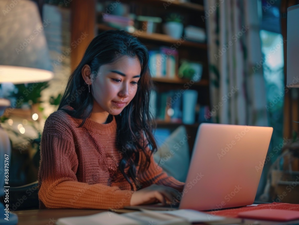 A woman sits in front of a laptop computer, focused on her work or personal activities A woman sits in front of a laptop computer, focused on her work or personal activities