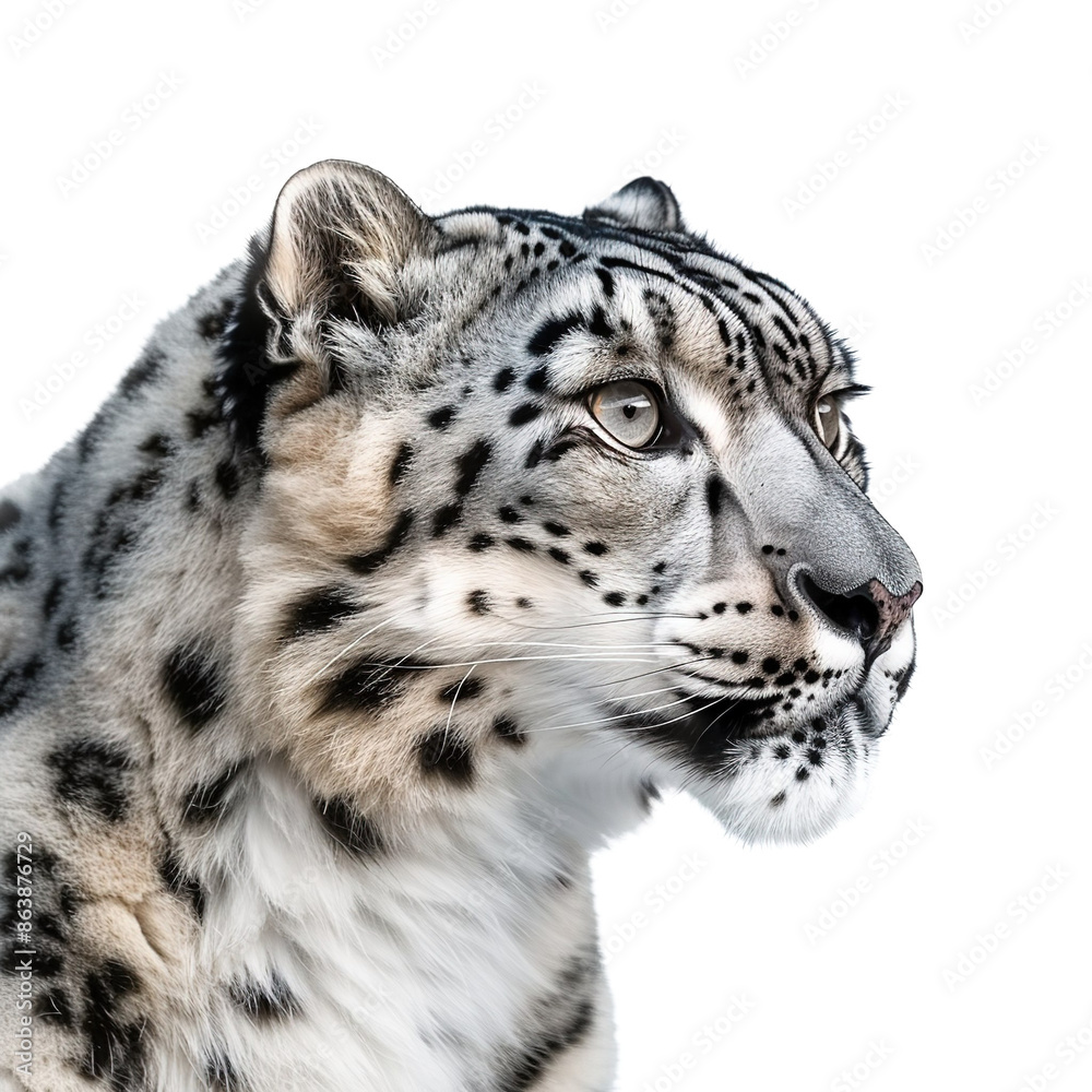 Fototapeta premium A snow leopard staring at the camera isolated on white background.