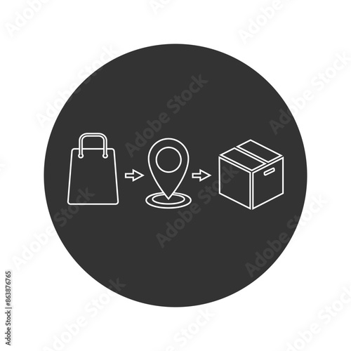 Click and collect order, line icon, delivery truck, delivery services steps, receive order in pick up point, e-commerce business concept, vector illustration