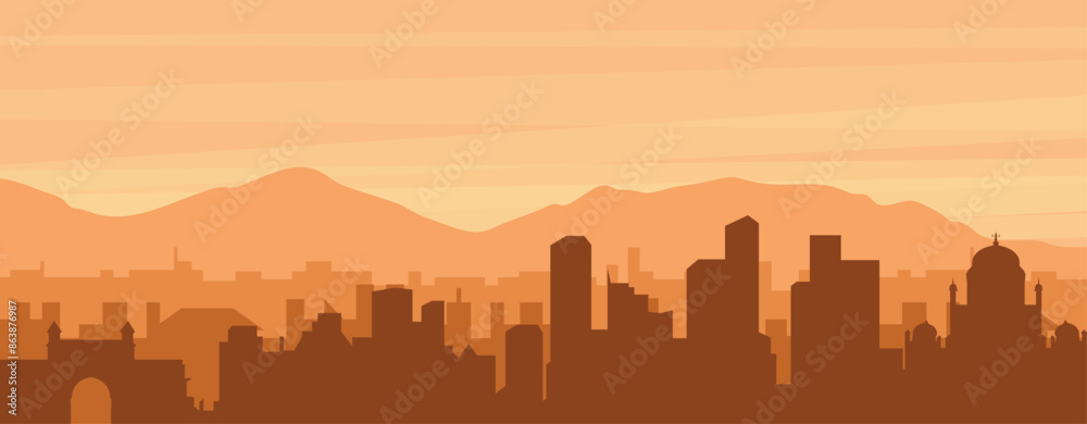 Brown panoramic poster of the city skyline with misty background buildings, sunrise, clouds and mountains of MUMBAI, INDIA Brown panoramic poster of the city skyline with misty background buildings, sunrise, clouds and mountains of MUMBAI, INDIA
