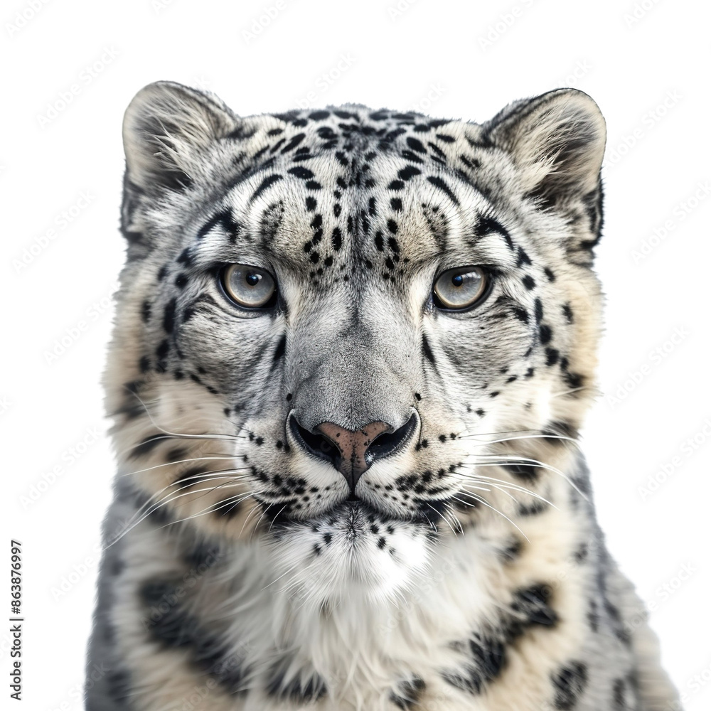 A snow leopard staring at the camera isolated on white background. A snow leopard staring at the camera isolated on white background.