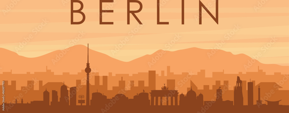 Brown panoramic poster of the city skyline with misty background buildings, sunrise, clouds and mountains of BERLIN, GERMANY Brown panoramic poster of the city skyline with misty background buildings, sunrise, clouds and mountains of BERLIN, GERMANY
