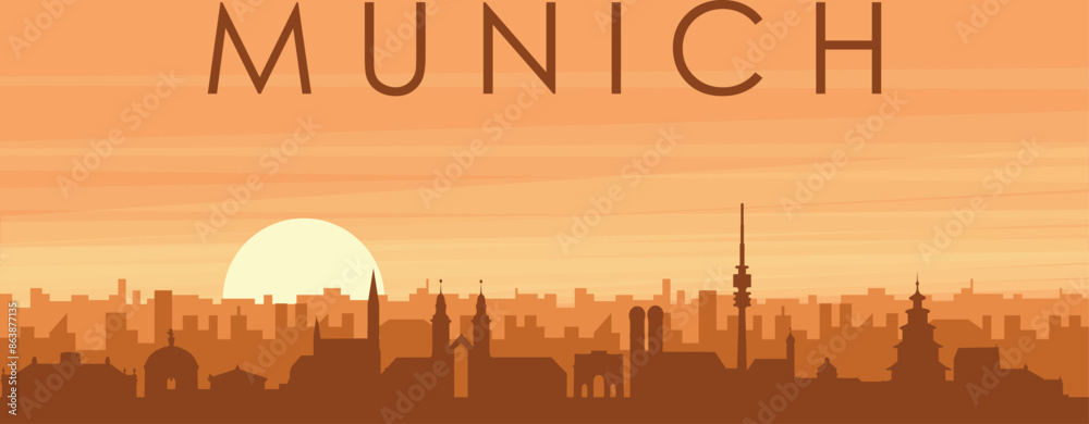 Obraz premium Brown panoramic poster of the city skyline with misty background buildings, sunrise, clouds and mountains of MUNICH, GERMANY