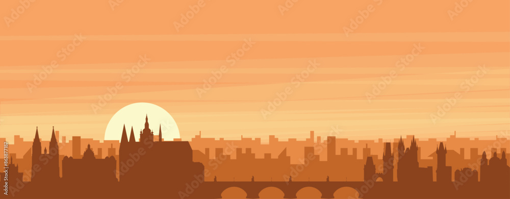 Brown panoramic poster of the city skyline with misty background buildings, sunrise, clouds and mountains of PRAGUE, CZECH REPUBLIC Brown panoramic poster of the city skyline with misty background buildings, sunrise, clouds and mountains of PRAGUE, CZECH REPUBLIC