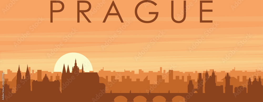 Brown panoramic poster of the city skyline with misty background buildings, sunrise, clouds and mountains of PRAGUE, CZECH REPUBLIC Brown panoramic poster of the city skyline with misty background buildings, sunrise, clouds and mountains of PRAGUE, CZECH REPUBLIC