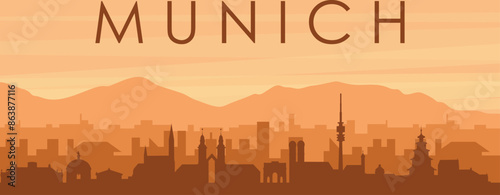 Brown panoramic poster of the city skyline with misty background buildings, sunrise, clouds and mountains of MUNICH, GERMANY
