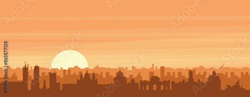 Brown panoramic poster of the city skyline with misty background buildings, sunrise, clouds and mountains of MADRID, SPAIN