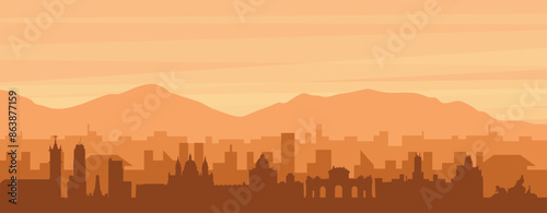 Brown panoramic poster of the city skyline with misty background buildings, sunrise, clouds and mountains of MADRID, SPAIN