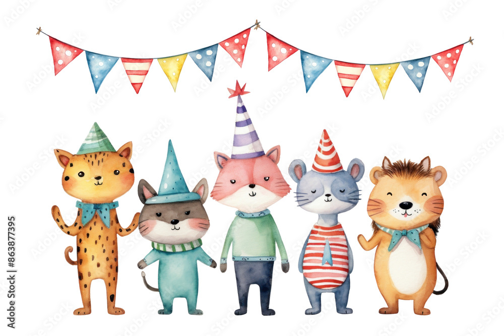 Obraz premium PNG Birthday animal cartoon, watercolor illustration, transparent background