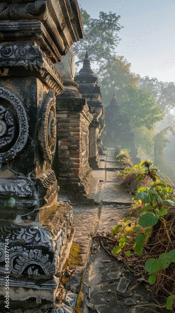 Obraz premium Mystical Ruins of Mrauk U: Ancient Stone Carvings illuminated by Morning Light