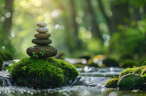 Balanced Stones on Mossy Rocks by a Tranquil Stream in a Lush Forest