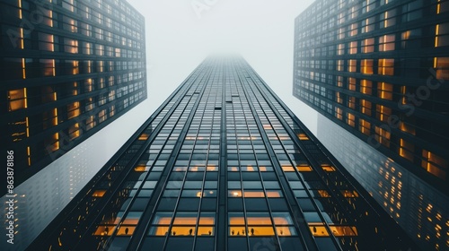 Wallpaper Mural A high-rise building with a distinctive silhouette and illuminated windows, reaching into a foggy sky, creating a sense of height and modern architecture.

 Torontodigital.ca