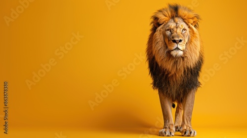A majestic lion stands proudly against a vibrant yellow background, showcasing its powerful presence and magnificent mane in a striking and minimalist portrait, with copy space

