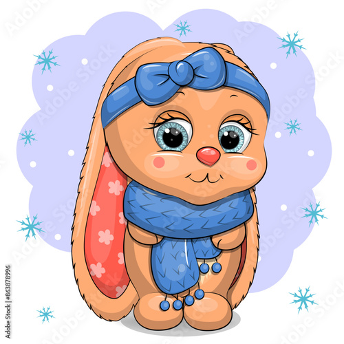 Cute baby rabbit in witer blue skarf. Vector illustration of animal on the winter background. photo